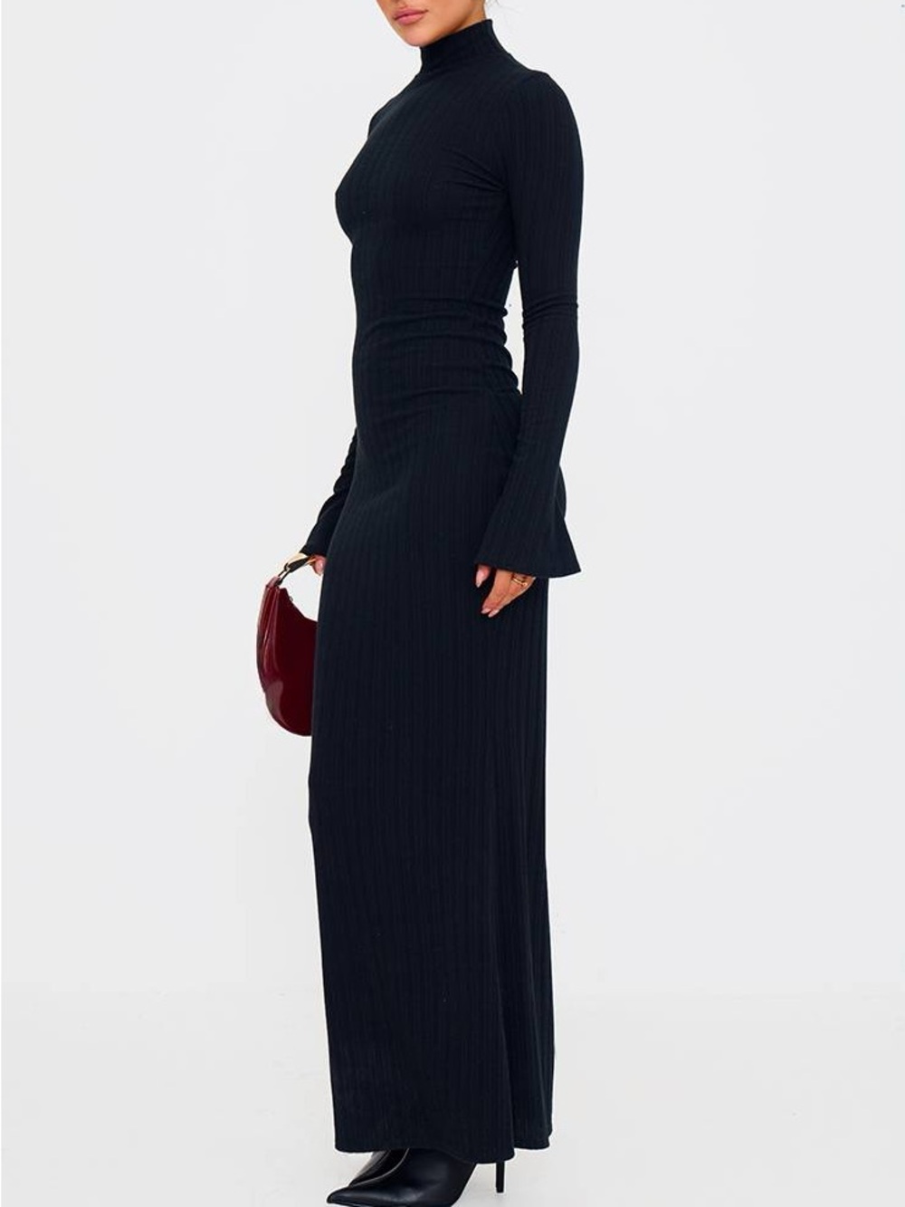 Pretty Little Black Ribbed high Neck Long sleeve Ribbed Maxi Dress